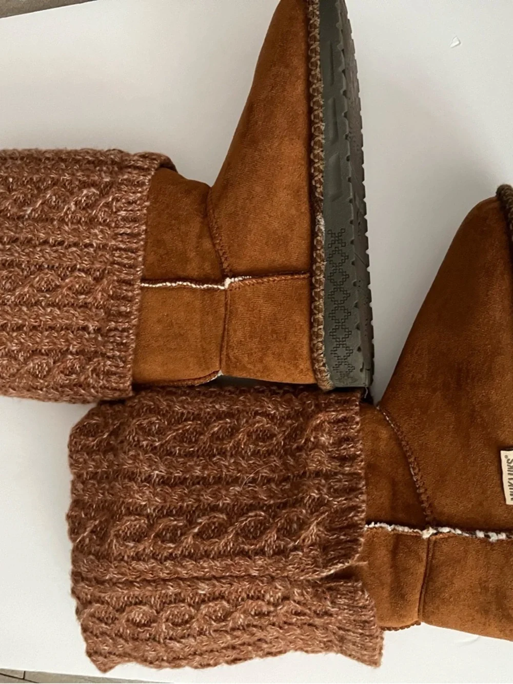 MUK LUKS Women's Jackie Boot Brown Cable Knit Cuff Winter Faux Fur Warm Size 7